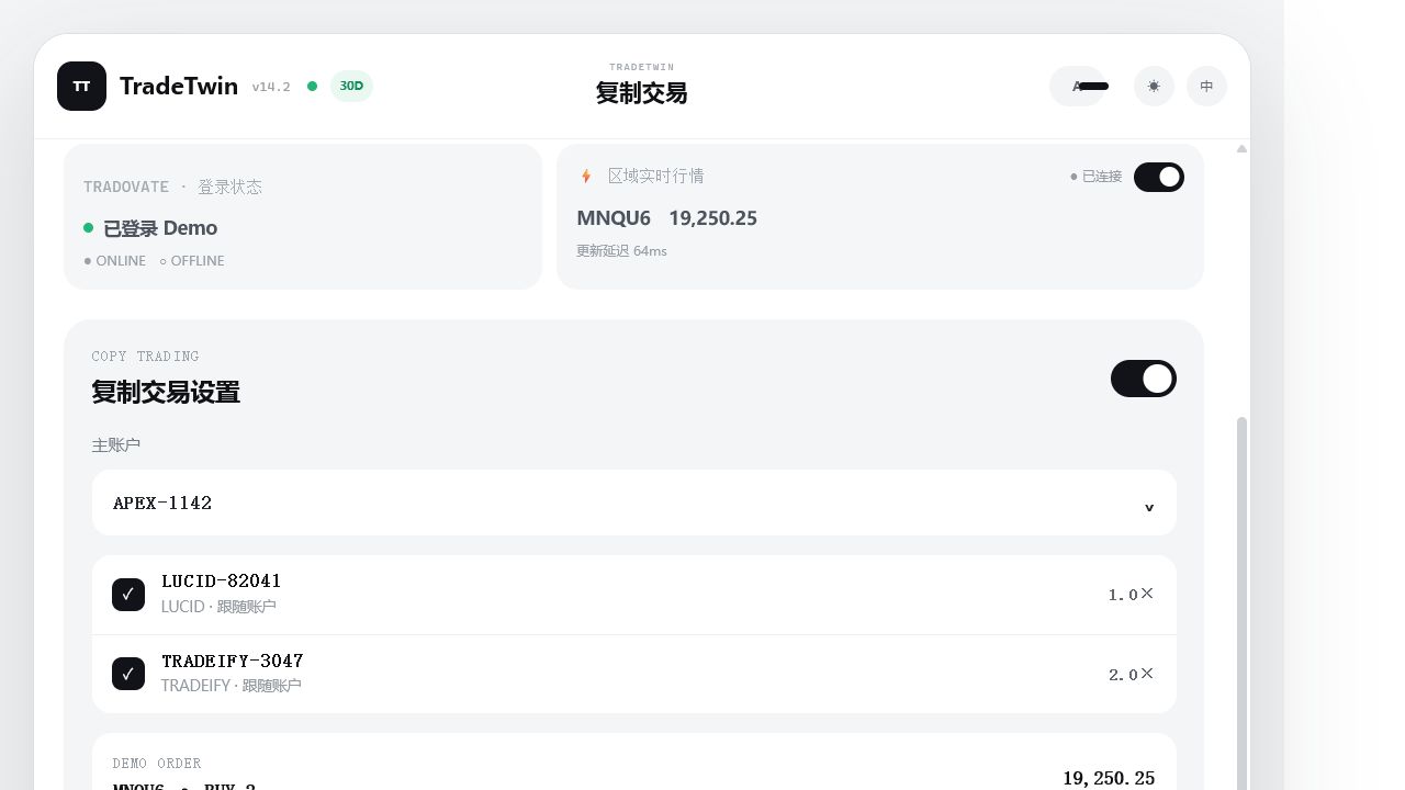 多账户同步下单 — TradeTwin 真实插件界面
